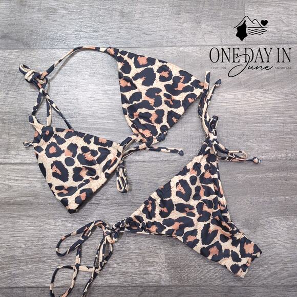 CharmLeaks Leopard Triangle Tie Side Ruched Bikini Swimsuit Size S - Picture 2 of 4